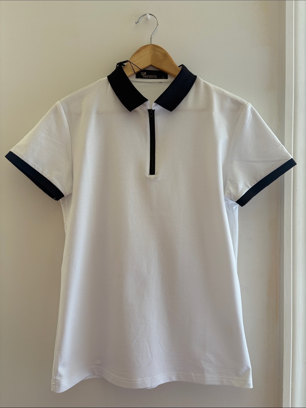 Men's White Polo with Black Trim and Front Zip